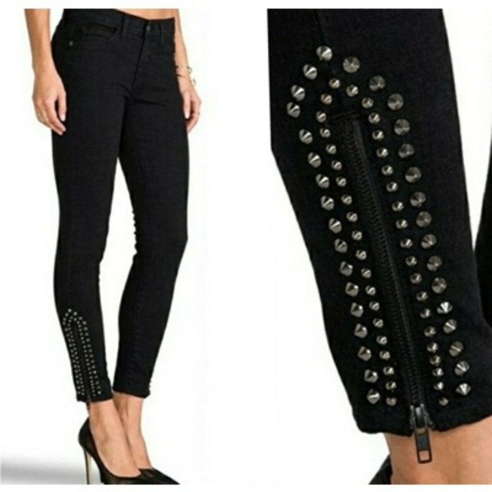 Current/Elliott The Zip Stiletto Black Moto Studded Stretch Skinny Jeans 26
